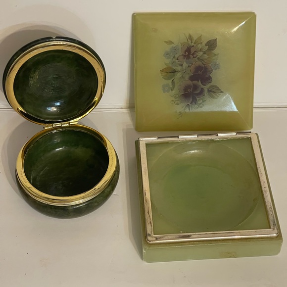 2 Vintage Alabaster Elegant Green Decorative Boxes Square & Round
